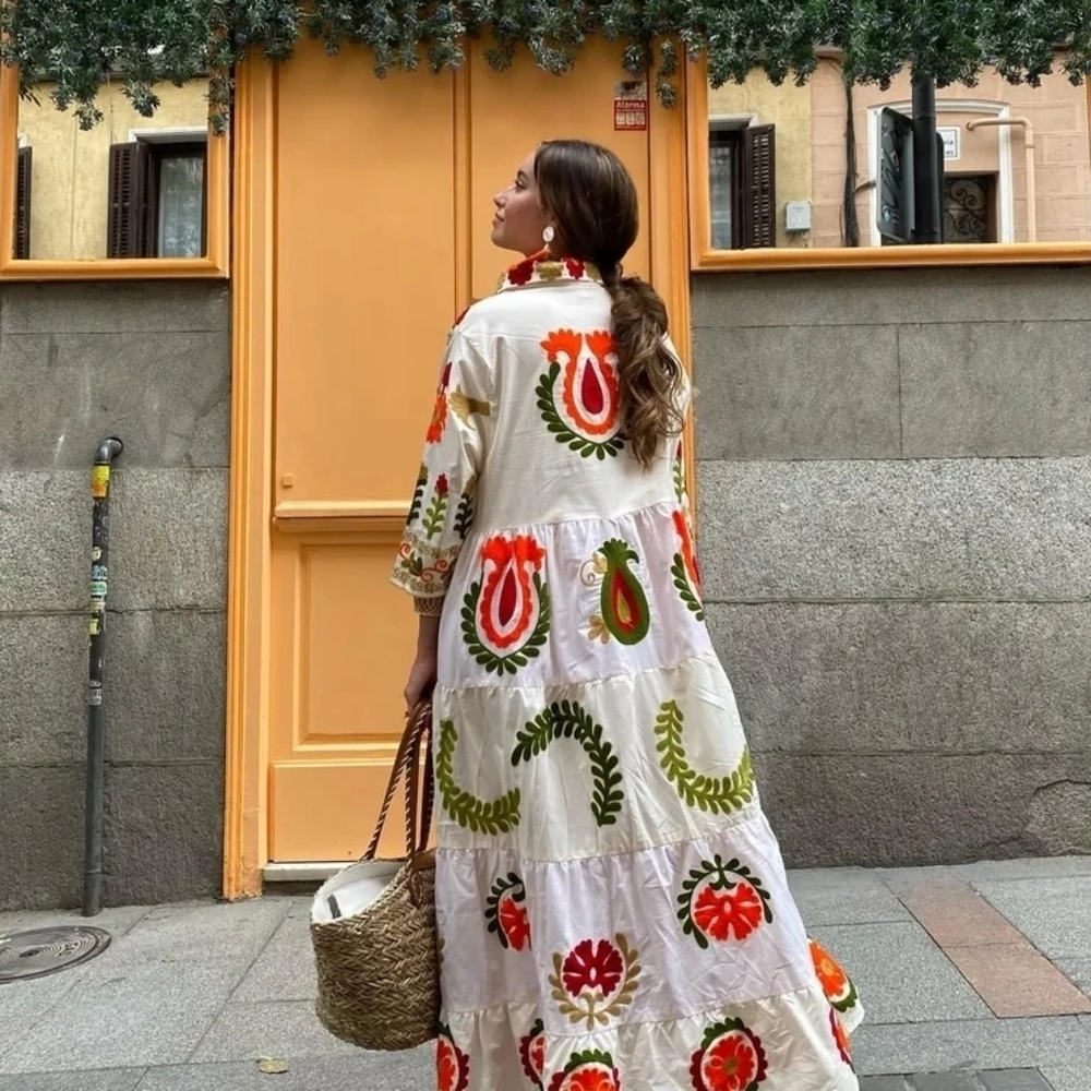 Casual Embroidery Printed Patchwork Lapel Maxi Dresses Women Elegant Button Long - Picture 3 of 6
